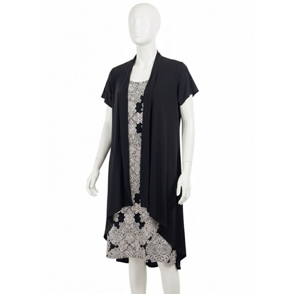 En Focus Women Black White Paisley Draped Cardigan Dress Plus 16W Faux Layer